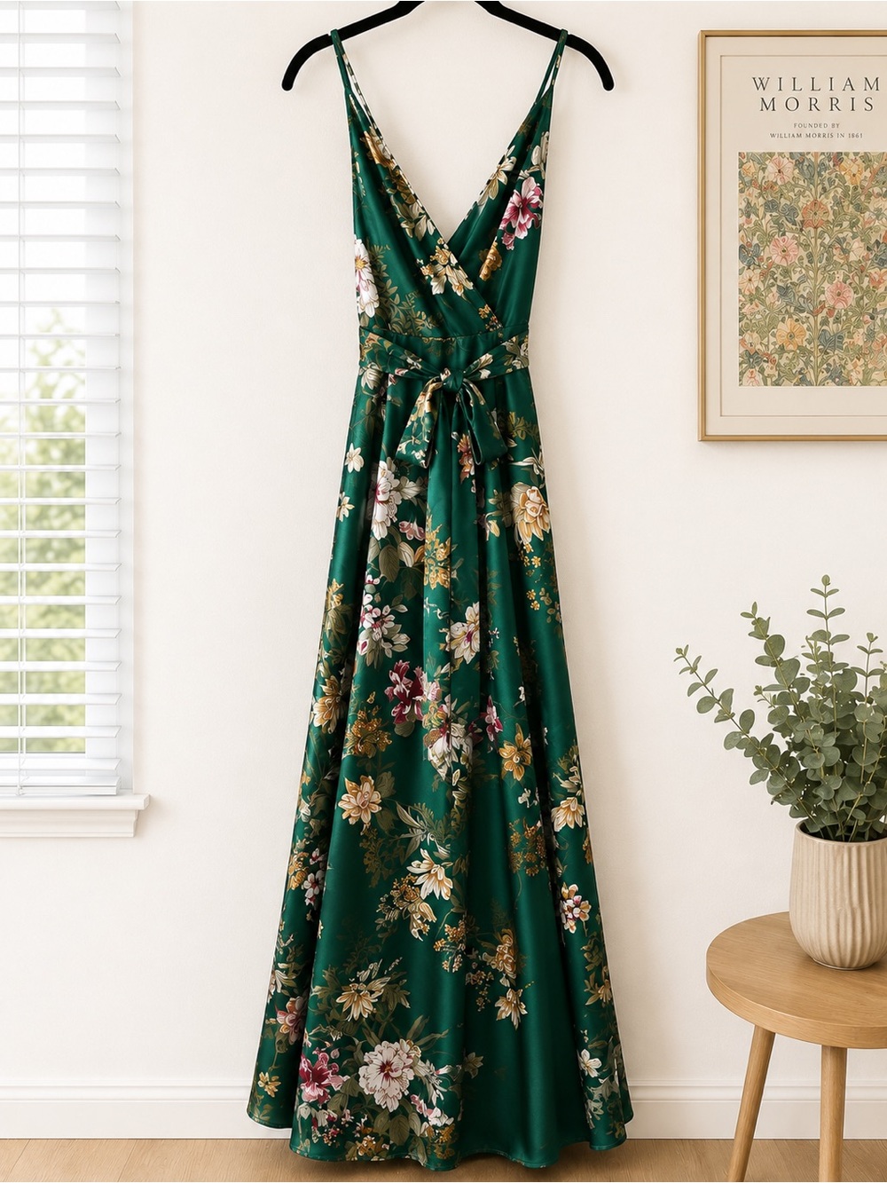 Sweet Lemon Emerald Green Floral V-Neck Maxi Dress with Belt Size S